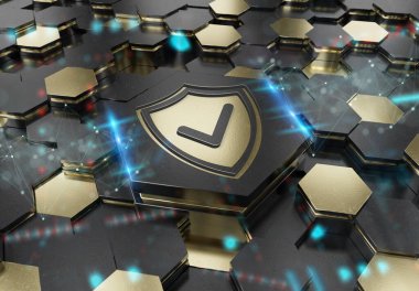 Siyah ve altın renkli altıgen kaidesel arkaplana kazınmış kalkan simgesi konsepti. Güvenlik logosu soyut dijital yüzeyde parlıyor. 3d oluşturma