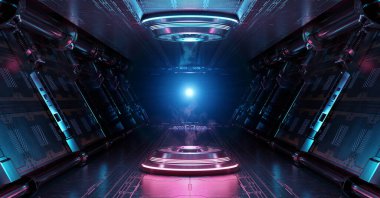Aydınlatılmış projektörlü mavi ve pembe uzay gemisi. Uzay istasyonunda parlak neon ışıklarıyla dolu fütürist koridor. 3d oluşturma