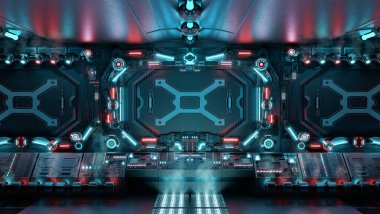 Parlayan kontrol panelleri ve düğmeleri olan karanlık bir uzay gemisi. Mavi ve kırmızı neon ışıklı gelecekteki uzay istasyonu. 3d oluşturma