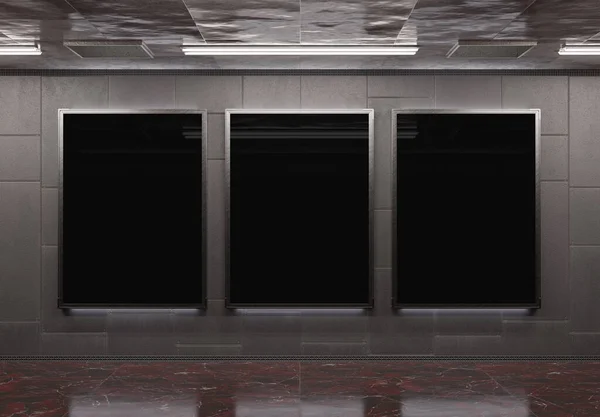 地下地铁壁炉架上的三个垂直告示牌 火车站内部3D渲染上登广告三叶草的挂牌 — 图库照片