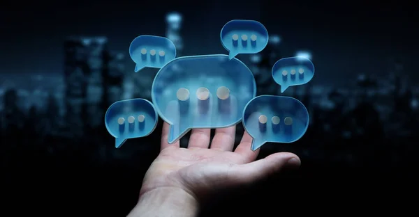 Geschäftsmann Dunkeln Mit Digitalen Blauen Sprechblasen Ikonen Minimale Konversation Oder — Stockfoto