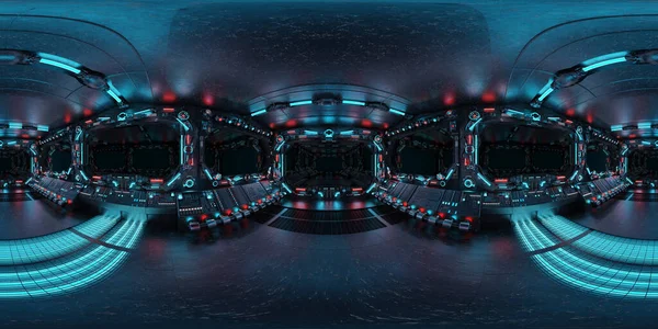 窓のある暗い青色の宇宙船の内部のHdriパノラマビュー 高解像度360度パノラマ反射マッピング未来の宇宙船ルーム3Dレンダリング — ストック写真