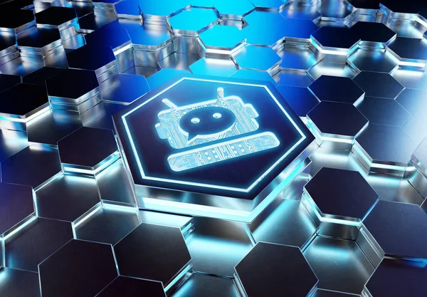 Chatbot Icon Concept Engraved Blue Metal Hexagonal Pedestral Background Chat — Stock Photo, Image