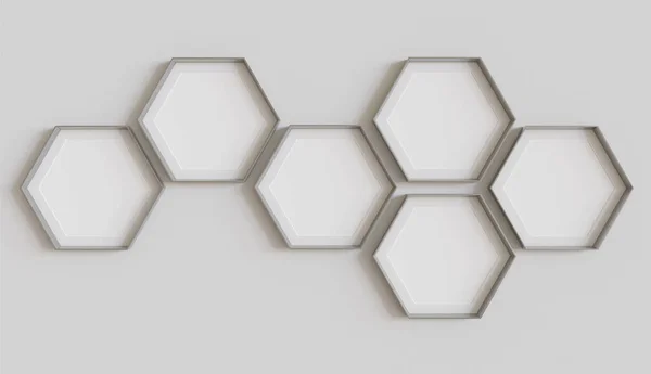 Metálico Hexágono Molduras Branco Mockup Pendurado Parede Interior Imagens Hexagonais — Fotografia de Stock