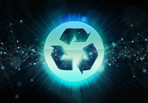 Digitální Recyklace Holografické Ikony Vnikající Modrého Zeleného Neonového Světla Digitálního — Stock fotografie