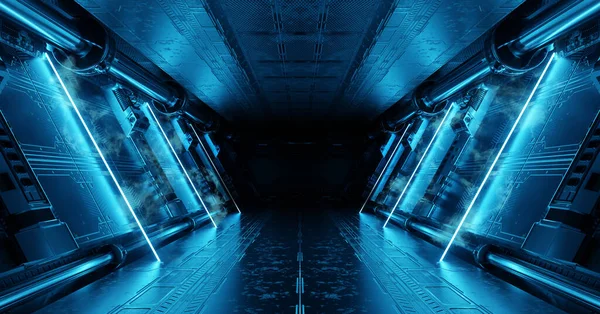 Niebieskie Wnętrze Statku Kosmicznego Neonami Ścianach Panelu Futurystyczny Nowoczesny Korytarz — Zdjęcie stockowe