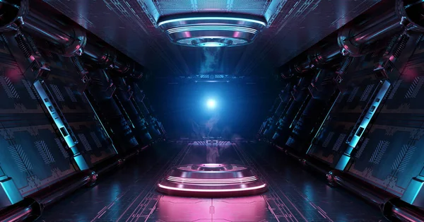 Interior Nave Espacial Azul Rosa Com Projetor Iluminado Corredor Futurista — Fotografia de Stock