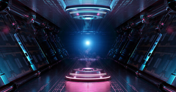 Сине-розовый космический интерьер с подсветкой прожектора. Футуристический коридор на космической станции со светящимся неоновым светом заднего плана. 3d-рендеринг