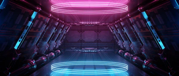 Blauw Roze Ruimteschip Interieur Met Gloeiende Neon Lichten Podium Reflecteren — Stockfoto
