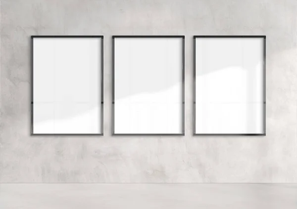 Tre Cartelloni Appesi Muro Cemento Illuminato Dal Sole Modello Cornici — Foto Stock