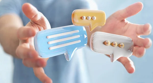 Geschäftsmann Der Digitale Bunte Sprechblasen Hält Spricht Von Ikonen Minimale Stockfoto