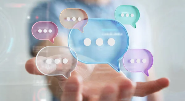 Geschäftsmann Mit Digitalen Bunten Sprechblasen Reden Ikonen Minimale Konversation Oder Stockbild