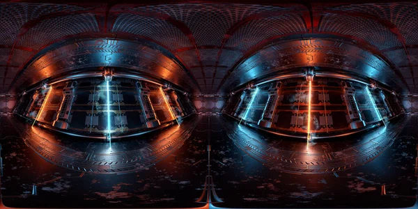 Hdri Panoramablick Auf Das Dunkelblau Orange Raumschiff Innere Hochauflösende 360 lizenzfreie Stockfotos