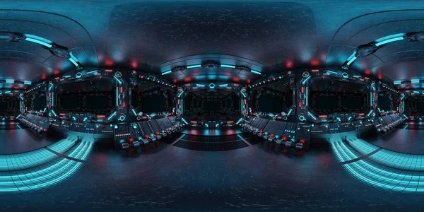 Hdri Panoramablick Auf Das Dunkelblaue Raumschiff Innere Mit Fenstern Hochauflösende Stockbild