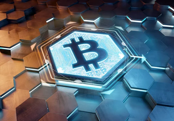 Bitcoin Icon Konzept Auf Blauem Und Orangefarbenem Metall Sechseck Hintergrund Stockbild
