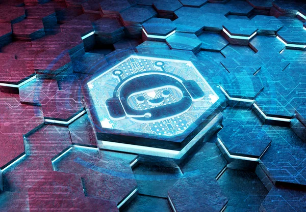 Chatbot Icon Konzept Auf Blauem Und Rosa Metall Sechseckigen Fußboden Stockbild