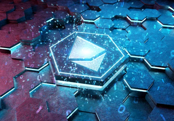 Ethereum Icon Konzept Auf Blauem Und Rosa Metall Sechseckigen Fußboden lizenzfreie Stockfotos