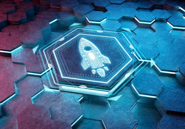 Raumschiff Ikone Innovationskonzept Eingraviert Auf Blauem Und Rosa Metall Sechseckigen Stockfoto