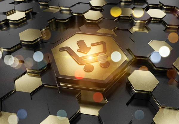 Shopping Ikone Konzept Auf Gold Und Schwarzem Metall Sechseckigen Fußboden Stockbild