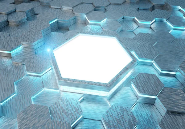 Leuchtende Weiße Und Blaue Sechsecke Podium Hintergrundmuster Sechseckige Silberne Metall Stockbild