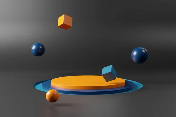 Podium Auf Schwarzem Hintergrund Mit Schwebenden Elementen Attrappe Einer Leeren lizenzfreie Stockfotos