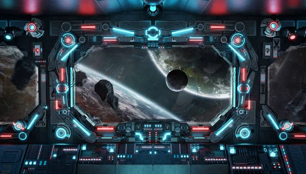 Dunkles Raumschiff Interieur Mit Leuchtenden Blauen Und Roten Lichtern Futuristische lizenzfreie Stockfotos