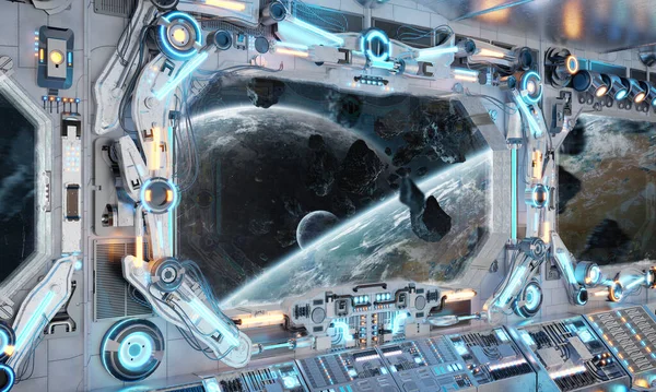 Weißes Raumschiff Interieur Mit Leuchtenden Blauen Und Roten Lichtern Futuristische Stockbild