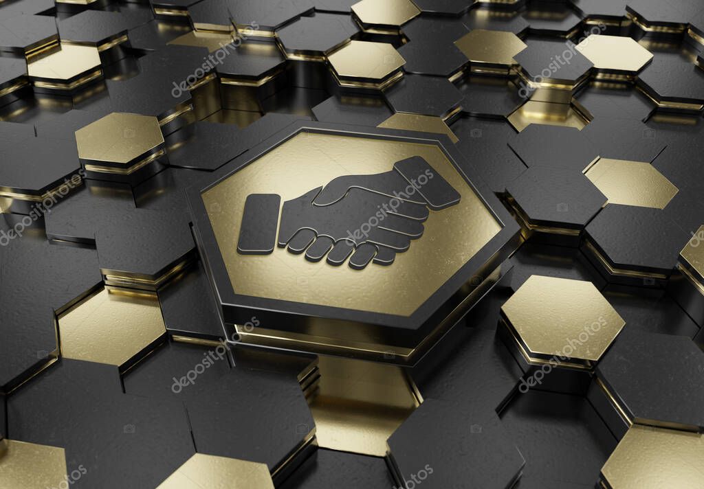 Handshake icon concept engraved on gold and black metal hexagonal pedestral background. Partnership logo glowing on abstract digital surface. 3d rendering