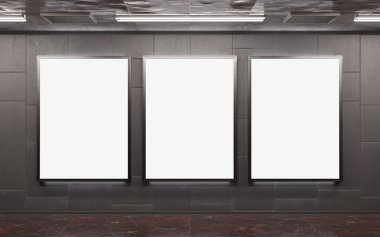 Yeraltı metro duvarında üç tane dikey reklam panosu var. Üç boyutlu reklam tablosu, tren istasyonunun iç mekânına istifçilik.