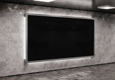 Metro Mockup 'ta büyük panoramik reklam panosu. Tren istasyonunun duvarında asılı reklamlar 3D görüntüleme