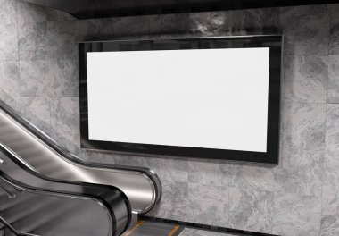 Metrodaki metro duvarında panoramik 2: 1 reklam panosu Mockup. İstasyon duvarına 3 boyutlu reklam istiflemek