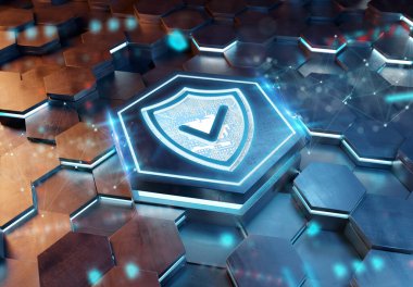 Mavi ve turuncu metal altıgen arkaplana kazınmış kalkan simgesi konsepti. Güvenlik logosu soyut dijital yüzeyde parlıyor. 3d oluşturma