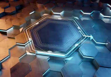 Parlayan turuncu ve mavi altıgen podyum arka plan deseni. Işıklı ve yansımalı altıgen gümüş metal yüzey. 3B görüntüleme