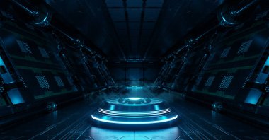 Aydınlatılmış projektörlü mavi uzay gemisi. Uzay istasyonunda parlak neon ışıklarıyla dolu fütürist koridor. 3d oluşturma
