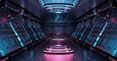 Aydınlatılmış projektörlü mavi ve pembe uzay gemisi. Uzay istasyonunda parlak neon ışıklarıyla dolu fütürist koridor. 3d oluşturma
