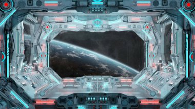 Işıldayan mavi ve kırmızı ışıkları olan beyaz bir uzay gemisi. Dünya gezegenine geniş pencereli ve kontrol panellerine sahip gelecekçi uzay aracı. 3B görüntüleme