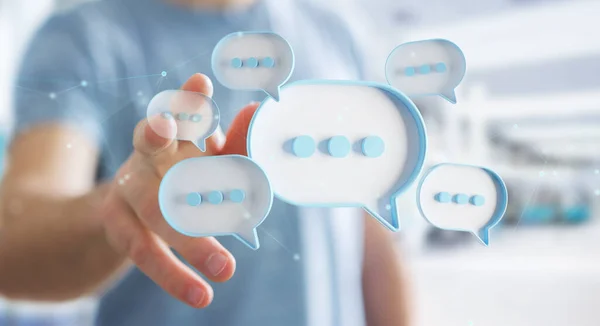 Man Touching His Fingers Digital White Speech Bubbles Talk Icons — Stock Photo, Image