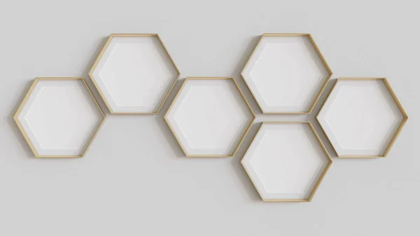 Gouden Zeshoek Blanco Fotolijsten Mockup Opknoping Binnenwand Hexagonale Afbeeldingen Leeg — Stockfoto