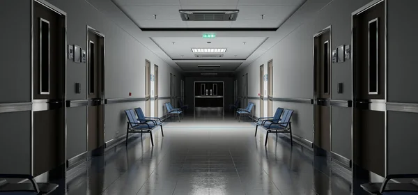 Long Dark Hospital Corridor Rooms Blue Seats Rendering Empty Accident — ストック写真