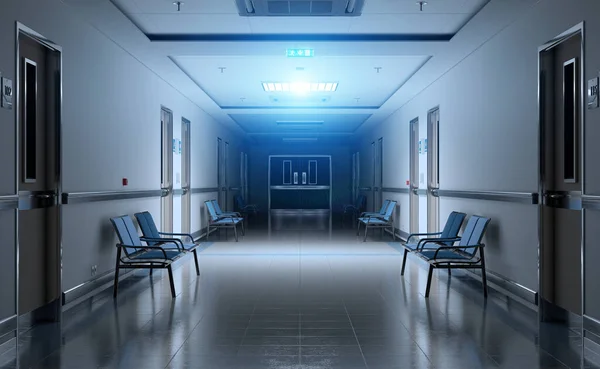 Long Dark Hospital Corridor Rooms Blue Seats Rendering Empty Accident — Zdjęcie stockowe