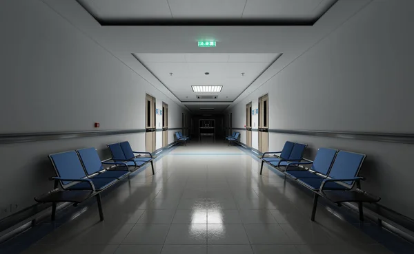 Long Dark Hospital Corridor Rooms Blue Seats Rendering Empty Accident — Stok fotoğraf