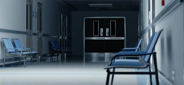 Long Dark Hospital Corridor Rooms Blue Seats Rendering Empty Accident — Stockfoto