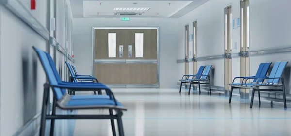 Długi Biały Korytarz Szpitalny Pokojami Niebieskimi Fotelami Renderowanie Pusty Wypadek — Zdjęcie stockowe