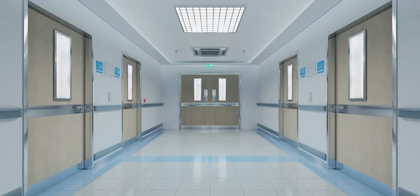 Long White Hospital Corridor Rooms Blue Seats Rendering Empty Accident — Stock Photo, Image