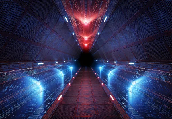 Futuristic Interior Corridor Blue Red Neon Lights Panel Walls Triangle — Zdjęcie stockowe