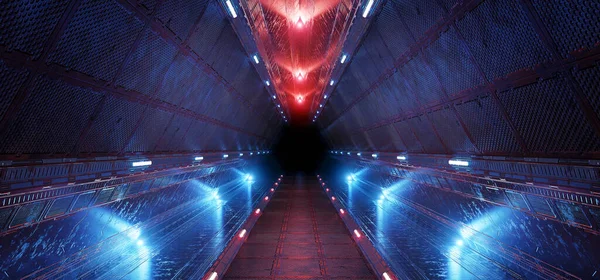 Futuristic Interior Corridor Blue Red Neon Lights Panel Walls Triangle —  Fotos de Stock