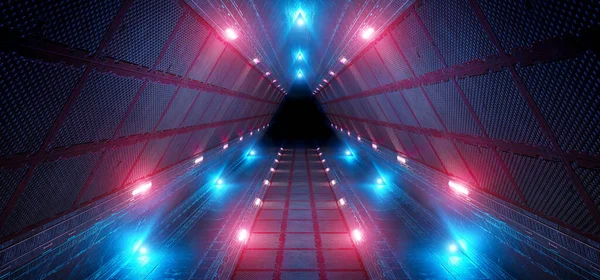 Futuristic Interior Corridor Blue Pink Neon Lights Panel Walls Triangle — ストック写真