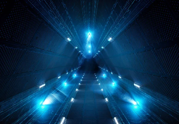 Driehoekig Ruimteschip Achtergrond Ruimtestation Futuristische Binnengang Met Blauwe Neonverlichting Paneelwanden — Stockfoto