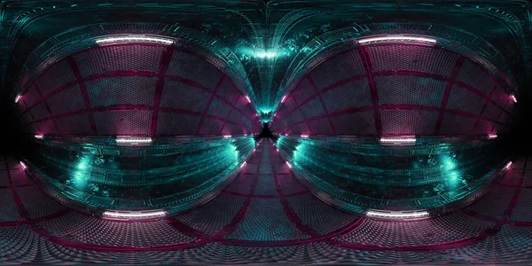 未来的Hdri内部走廊与蓝色和粉红色霓虹灯面板墙壁 空间站三角形宇宙飞船背景图360度全景 金字塔形霓虹灯隧道的Vr投影与照明路径 相等的矩形 — 图库照片