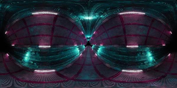 Futuristic Hdri Interior Corridor Blue Pink Neon Lights Panel Walls — Zdjęcie stockowe